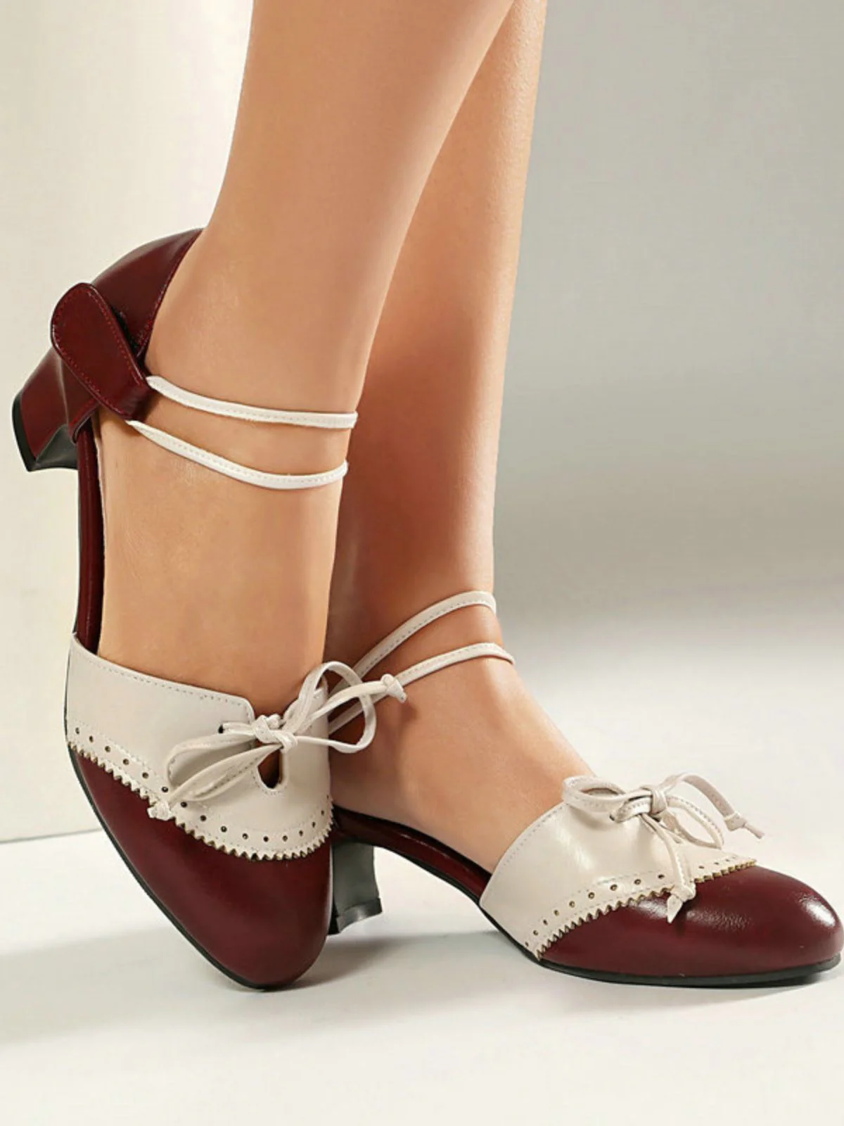 Zweifarbig Schleife Blockabsatz Mary Jane Pumps - Image 5